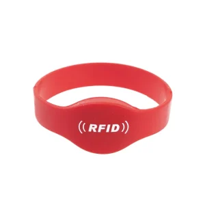 Náramok Mifare RFID v červenej farbe, s bielym RFID symbolom a textom.