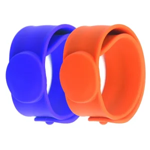 Two RFID Bracelets in blue and orange, rolled up with circular ends overlapping, ideal for wearing as silicone slap bracelets.