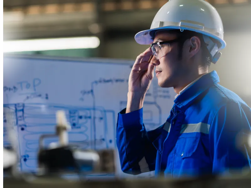 Un ouvrier en combinaison bleue et casque de sécurité blanc, présenté dans l’image intitulée "Foire aux questions.webp," ajuste ses lunettes tout en examinant un plan sur un tableau blanc dans un cadre industriel bien éclairé.