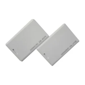 Two white RFID Clamshell Cards with engraved numbers, each featuring a rectangular shape and a small notch on one corner.