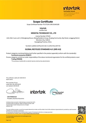 Immagine di un Certificatu Scope da Intertek per Mdigital Technology Co., Ltd, chì certifica a conformità cù u Standard Global Recycled 4.0 (GRS 4.0).