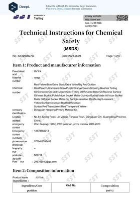 Technické pokyny pre dokument o chemickej bezpečnosti s informáciami o produkte, podrobnosti o výrobcovi, a zloženie. Obsahuje názov produktu, UV atrament, kontaktné informácie, a číslo CAS.