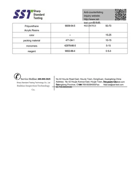 夏普標準測試的文件顯示了化學物質及其各自的 CAS 編號和百分比範圍. 聯絡方式和地址資訊包含在底部.