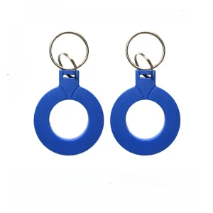 Two units of the nfc key fob, which feature round blue plastic tags with metal rings, are arranged side by side to provide convenient access via their NFC functionality.