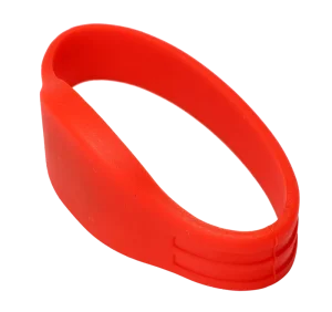 The RFID Custom Wristband in red silicone is designed with a smooth, continua loop.