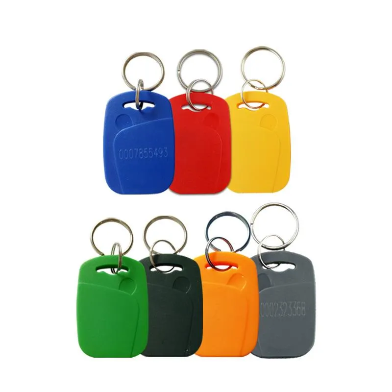 A set of eight key fobs in various colors, including blue, red, yellow, green, orange, and gray, each attached to a metal key ring.