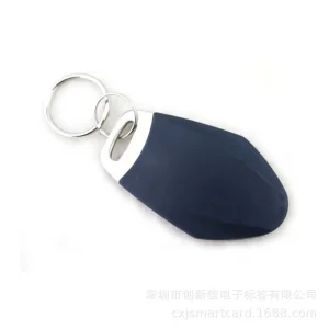 Ang RFID key tag (1) asul ug pilak, adunay gilakip nga keyring, ug naay Chinese text nga makita sa ubos nga tuo nga suok.