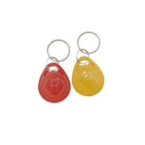 Two keychains with circular fob attachments: one red and one yellow, both with silver key rings, showcasing the rfid key fob types.